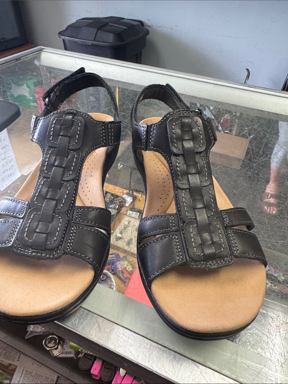 Clarks Black Leather Braided T-Strap Sandals